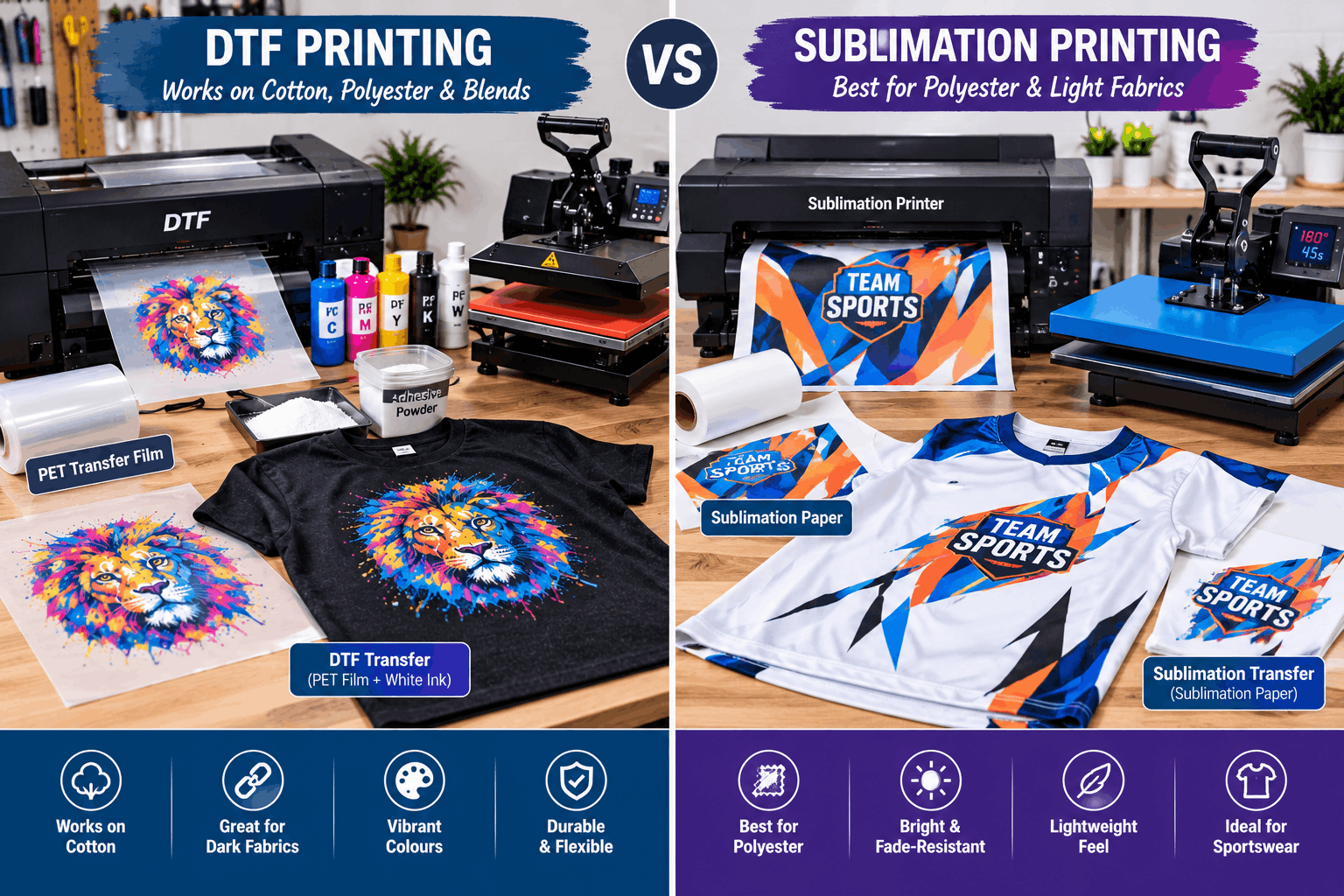 DTF vs sublimation comparison on cotton and polyester garments