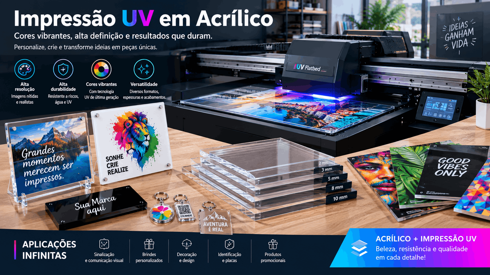 Impressão UV em acrílico numa impressora de mesa com placas transparentes e opacas