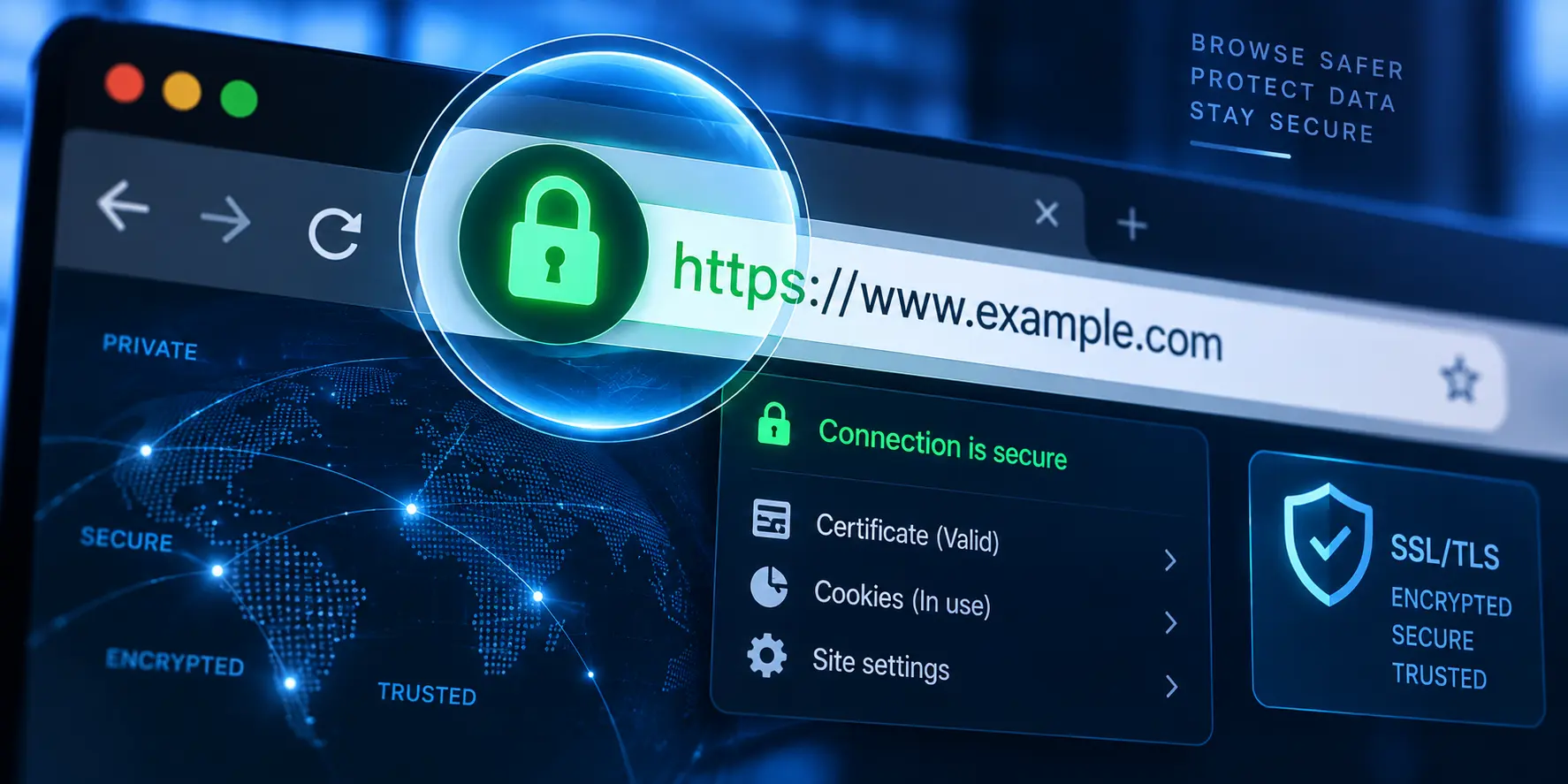 Digital padlock symbol on a network browser address bar highlighting secure protocols