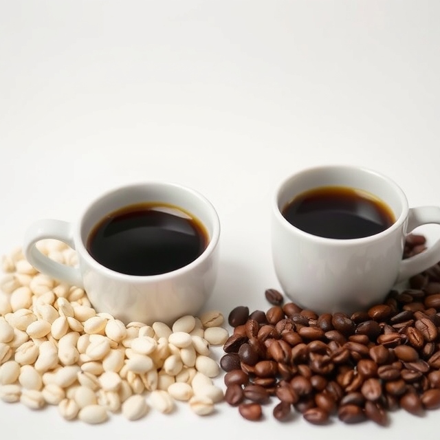 White coffee vs dark roast beans and brewed coffee side by side