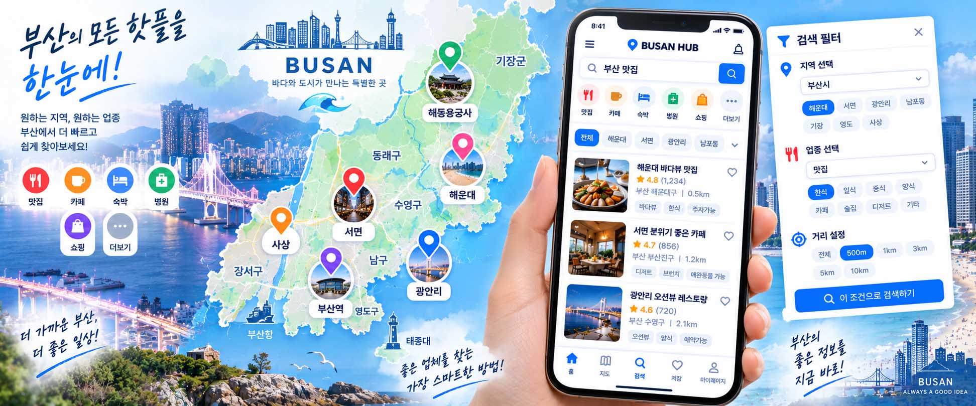 부산 업체 검색과 지역별 업체 정보 탐색을 보여주는 지도 검색 화면