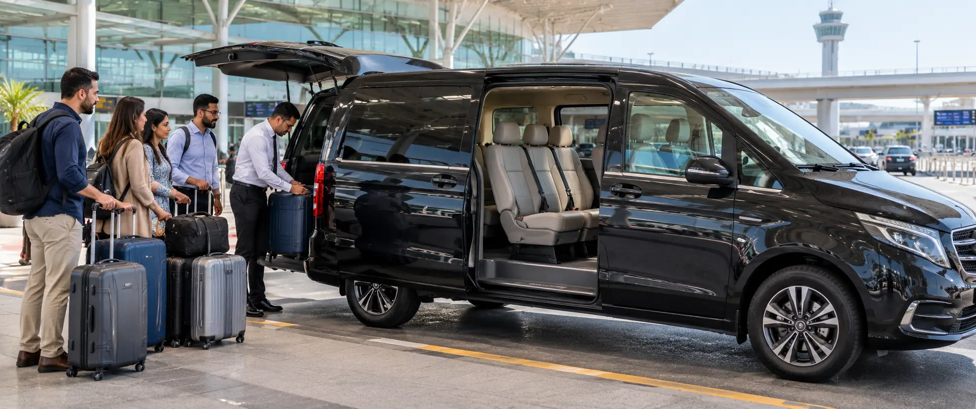 Airport minibus transfer for a group of eight passengers with suitcases outside a London airport terminal.