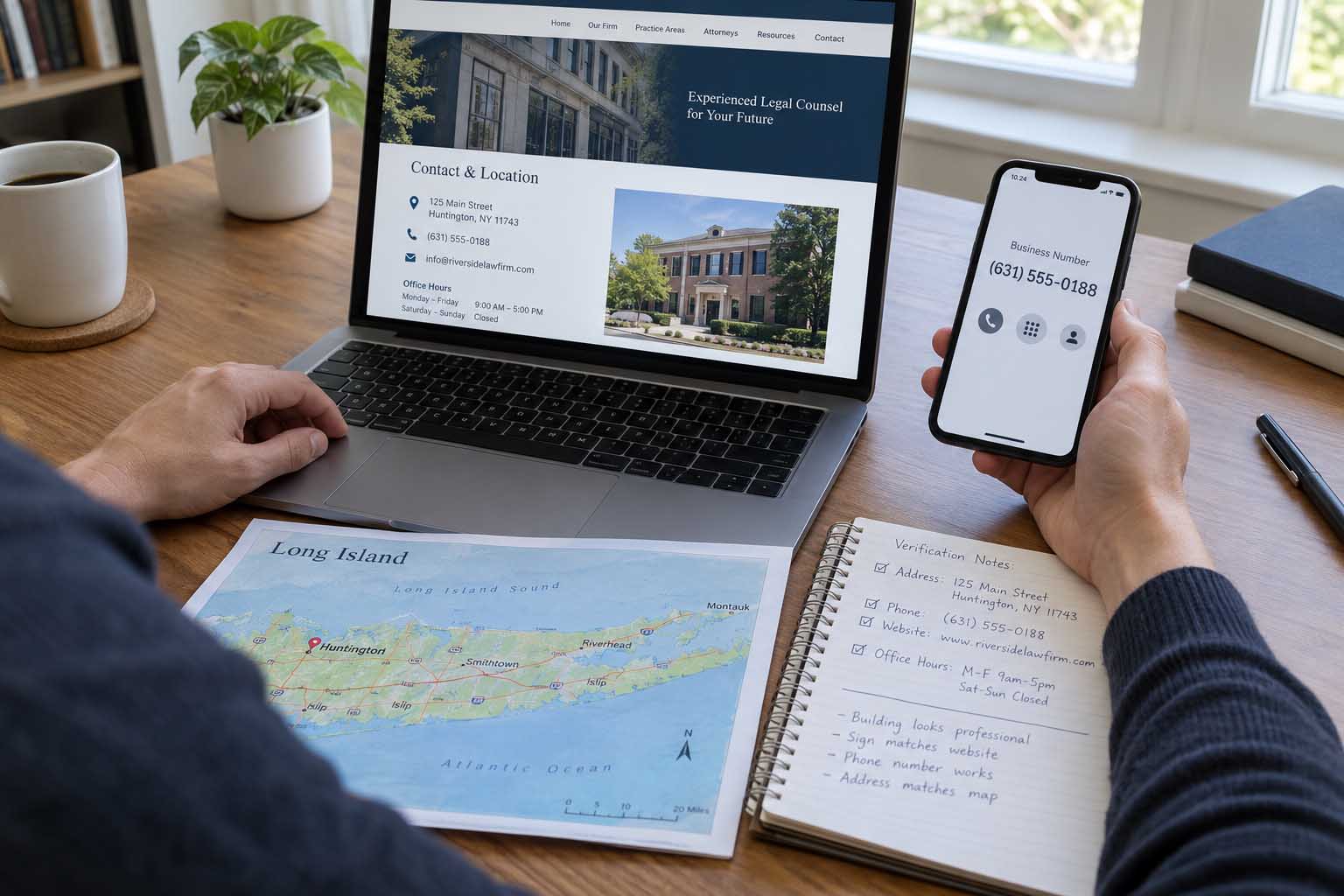Person verifying a law firm's contact information using an official website, telephone, and street map.