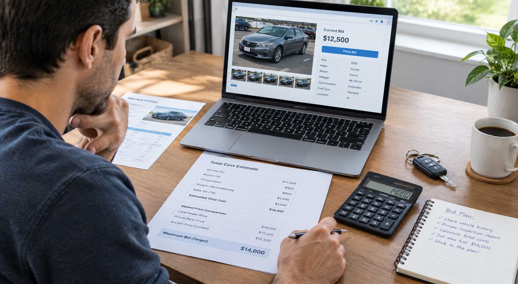 Buyer calculating the maximum bid for a used car at auction using vehicle prices and a budget worksheet.